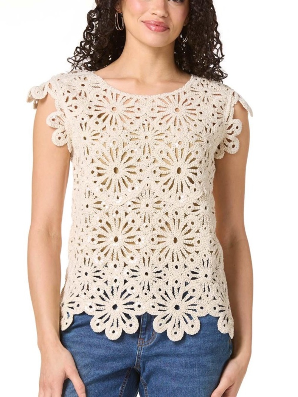 New Anthropologie by Cato  Cream Crochet Floral  sequins Camisole size M